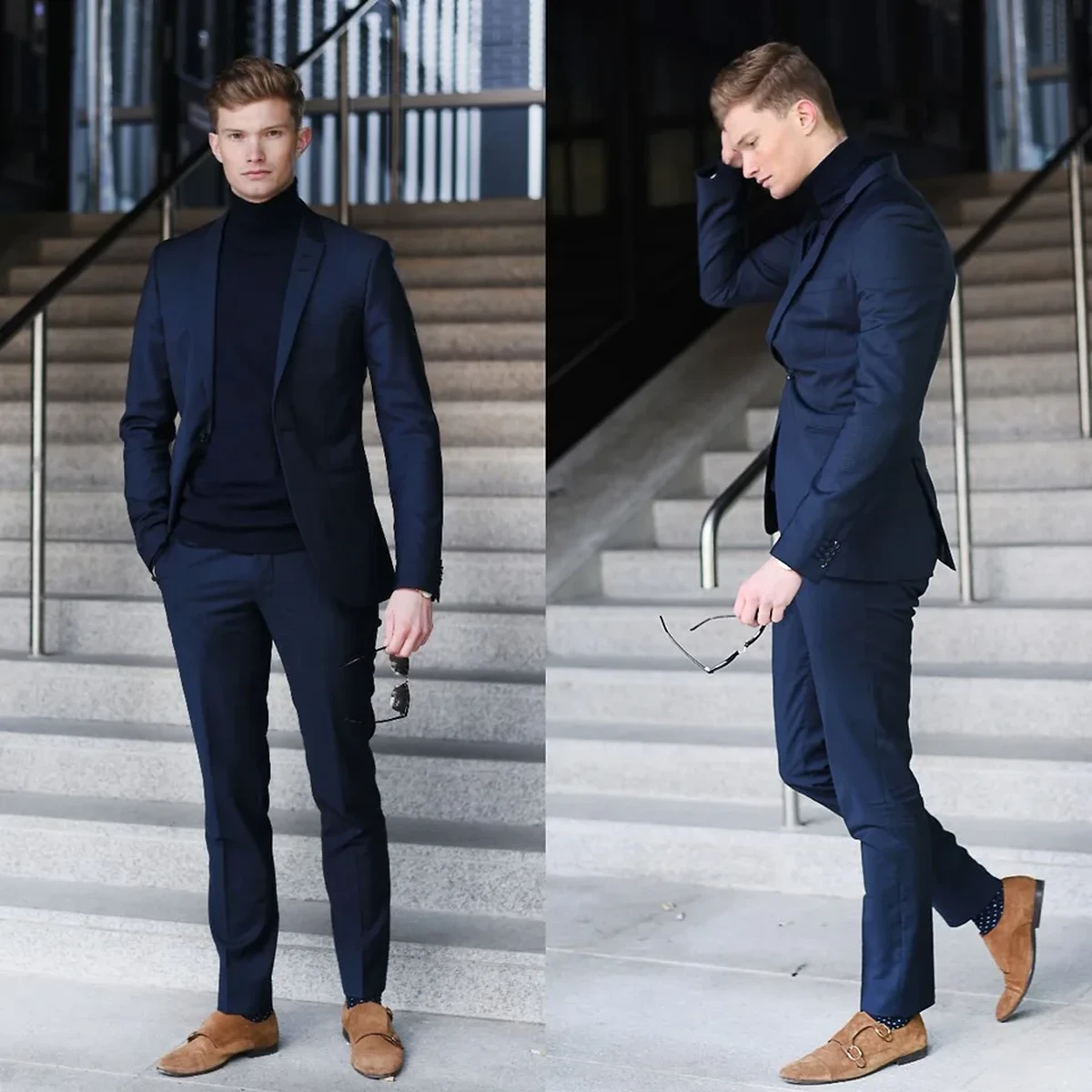 Ý tưởng phối đồ mùa đông lịch lãm cho nam giới khi kết hợp bộ suit xanh navy cùng áo len cổ lọ màu đen và giày da 
