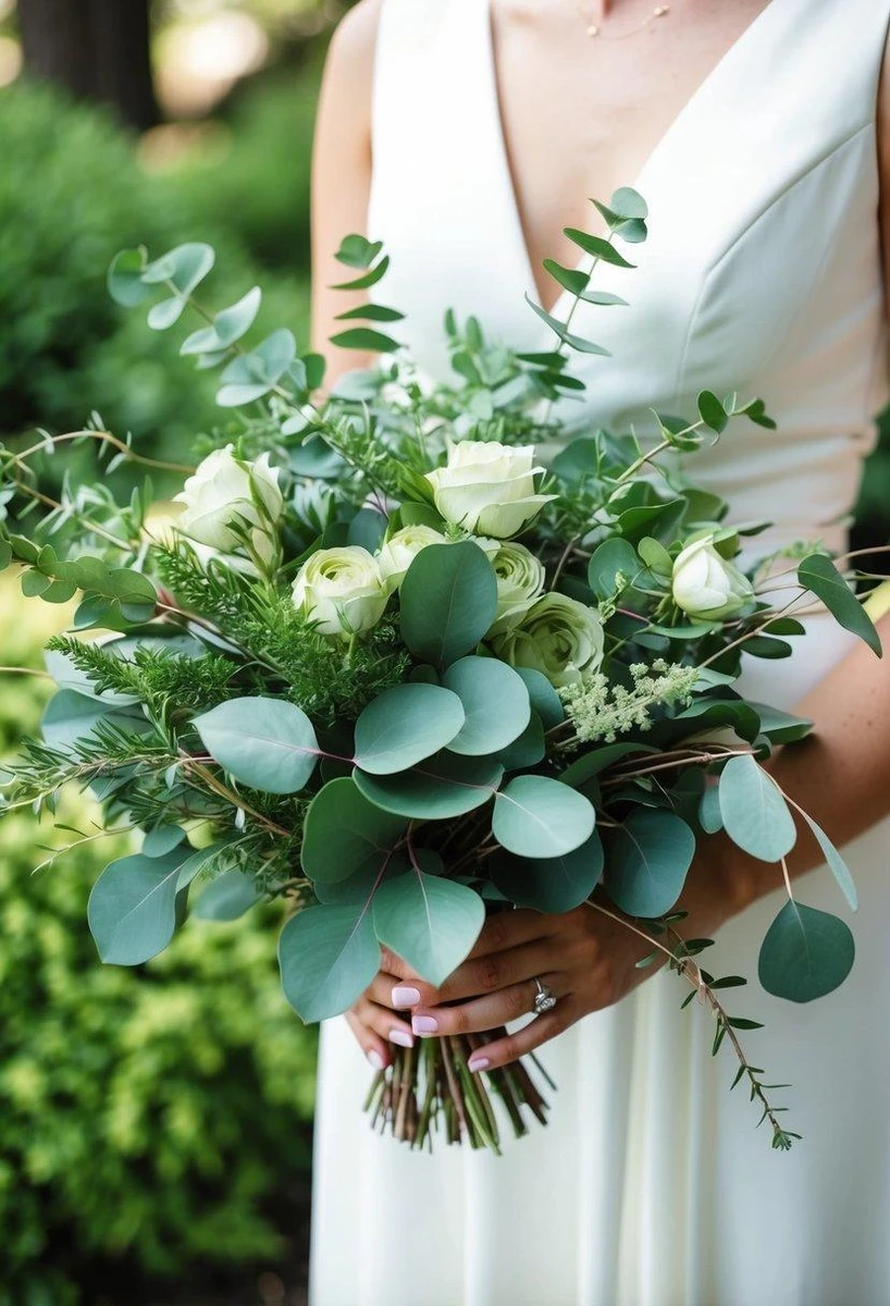 Bó hoa cưới với tone màu xanh trắng thiên nhiên, gần gũi