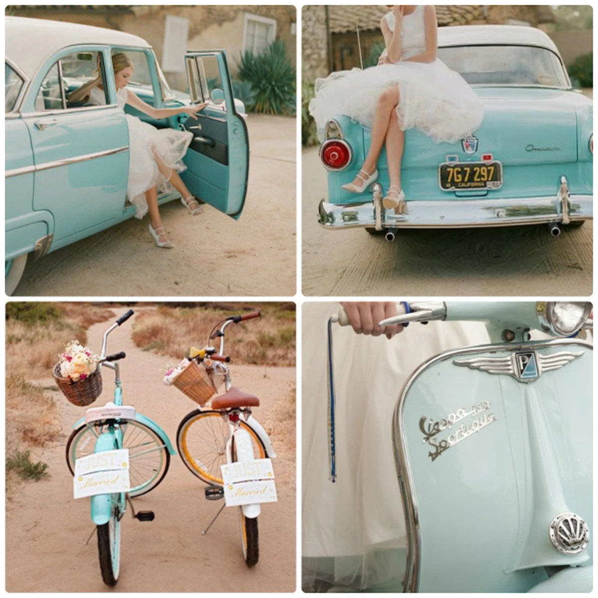 Xe cưới và phụ kiện cưới màu xanh Tiffany tạo điểm nhấn cho concept đám cưới vintage