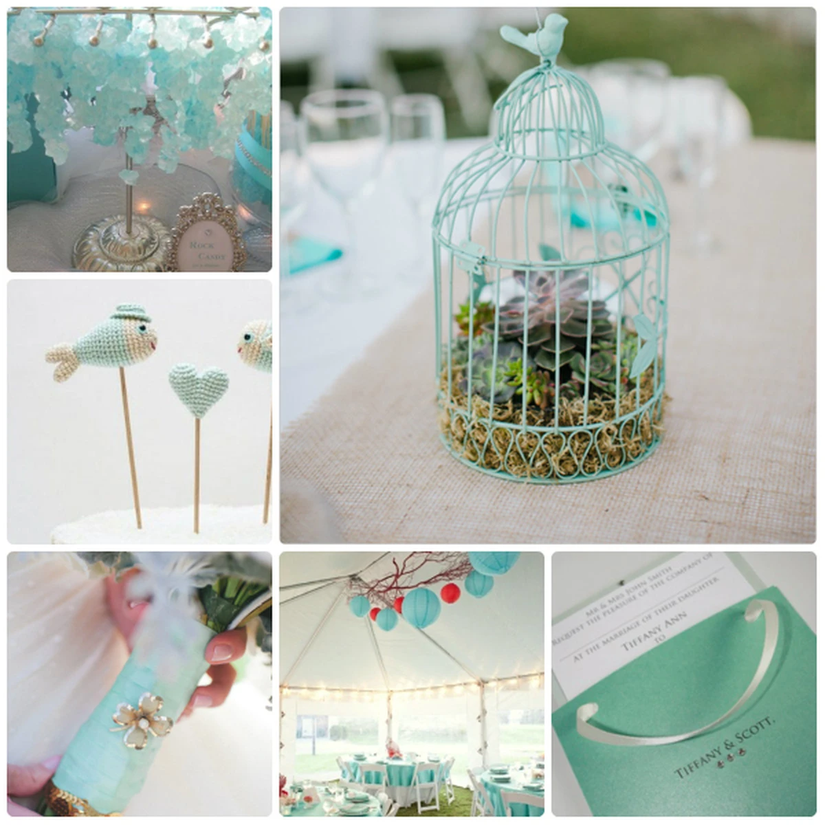 Phụ kiện trang trí đám cưới màu xanh Tiffany gồm lồng chim, bảng tên và quà tặng khách mời