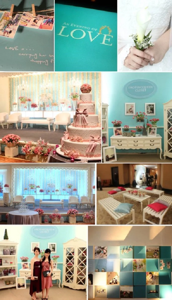 Không gian trang trí đám cưới màu xanh Tiffany với backdrop, bánh cưới và khu vực tiếp khách