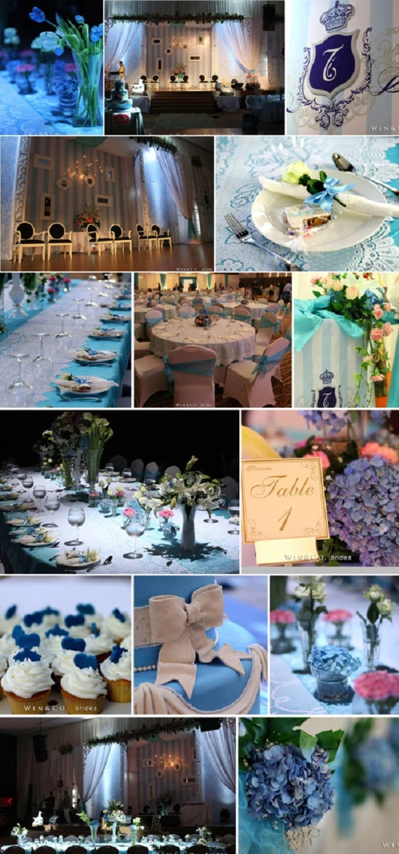 Sảnh tiệc cưới màu xanh tiffany với bàn tiệc, hoa tươi và phụ kiện trang trí