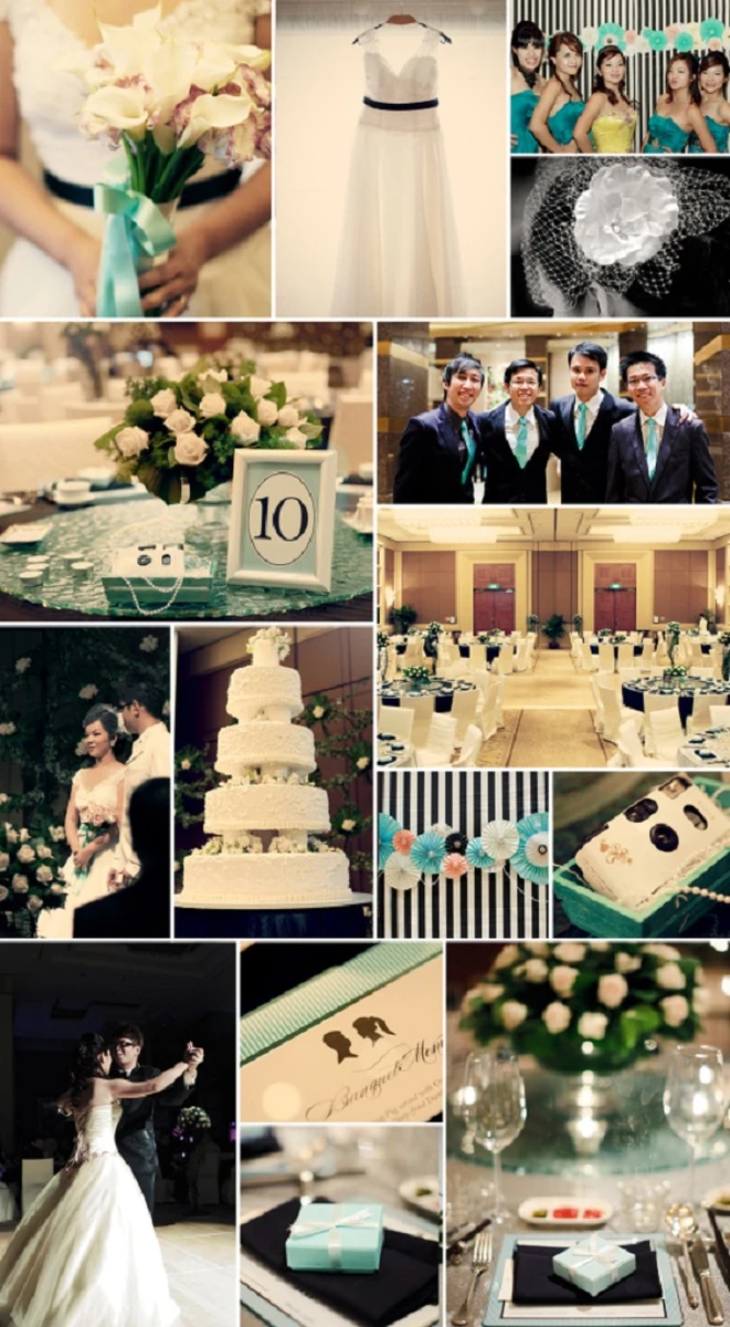 Ý tưởng trang trí tiệc cưới màu xanh Tiffany với hoa cưới, bánh cưới và bàn gallery hiện đại