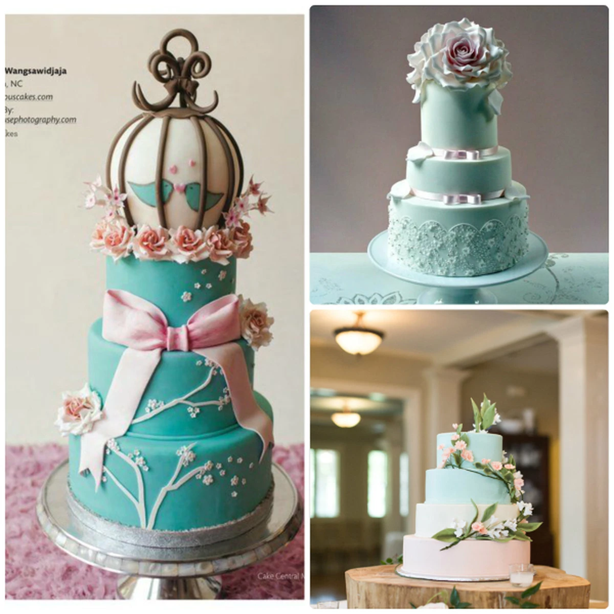 Mẫu bánh cưới màu xanh Tiffany nhiều tầng với hoa và nơ trang trí sang trọng