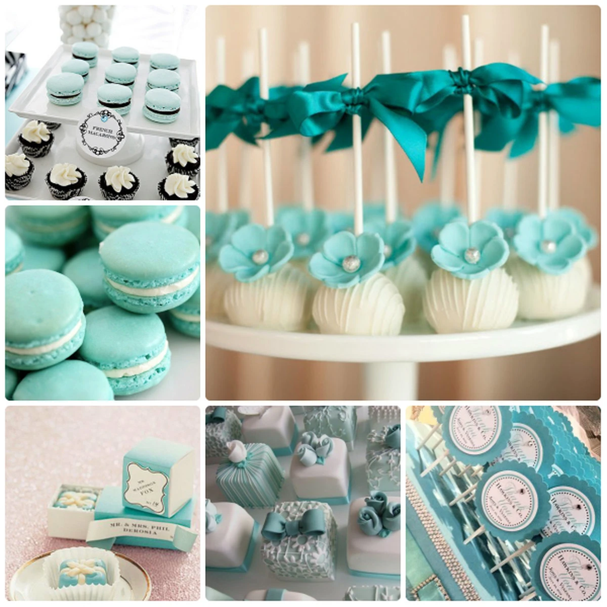 Bàn bánh ngọt đám cưới màu xanh Tiffany với macaron, cake pop