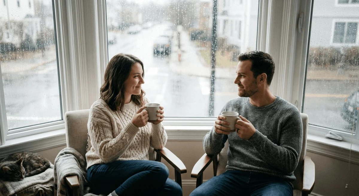 Cặp đôi nam nữ đang ngồi uống cà phê cùng nhau