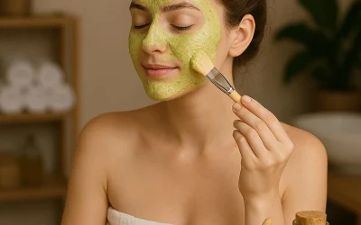 Cô gái nhắm mắt thư giãn dùng cọ tự thoa mặt nạ bơ tự nhiên lên mặt tại nhà