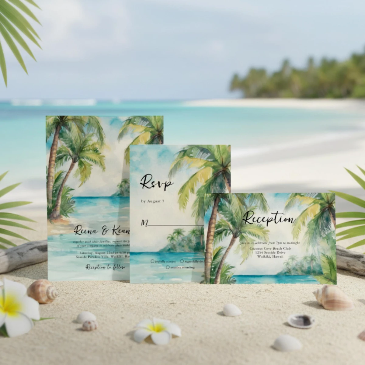 Thiệp cưới được đặt trên bãi biển