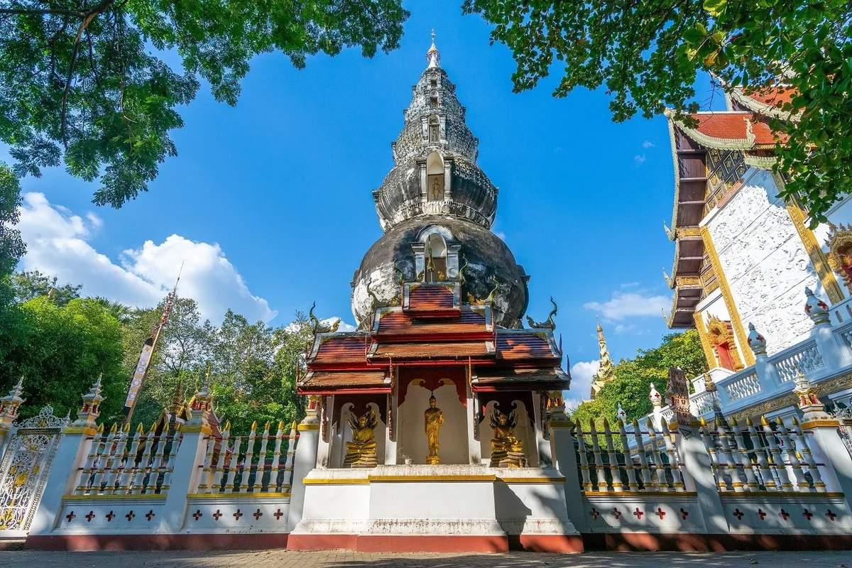 Kiến trúc cổ kính của một ngôi chùa tại Chiang Mai với bảo tháp truyền thống và khuôn viên thanh tịnh dưới bầu trời trong xanh